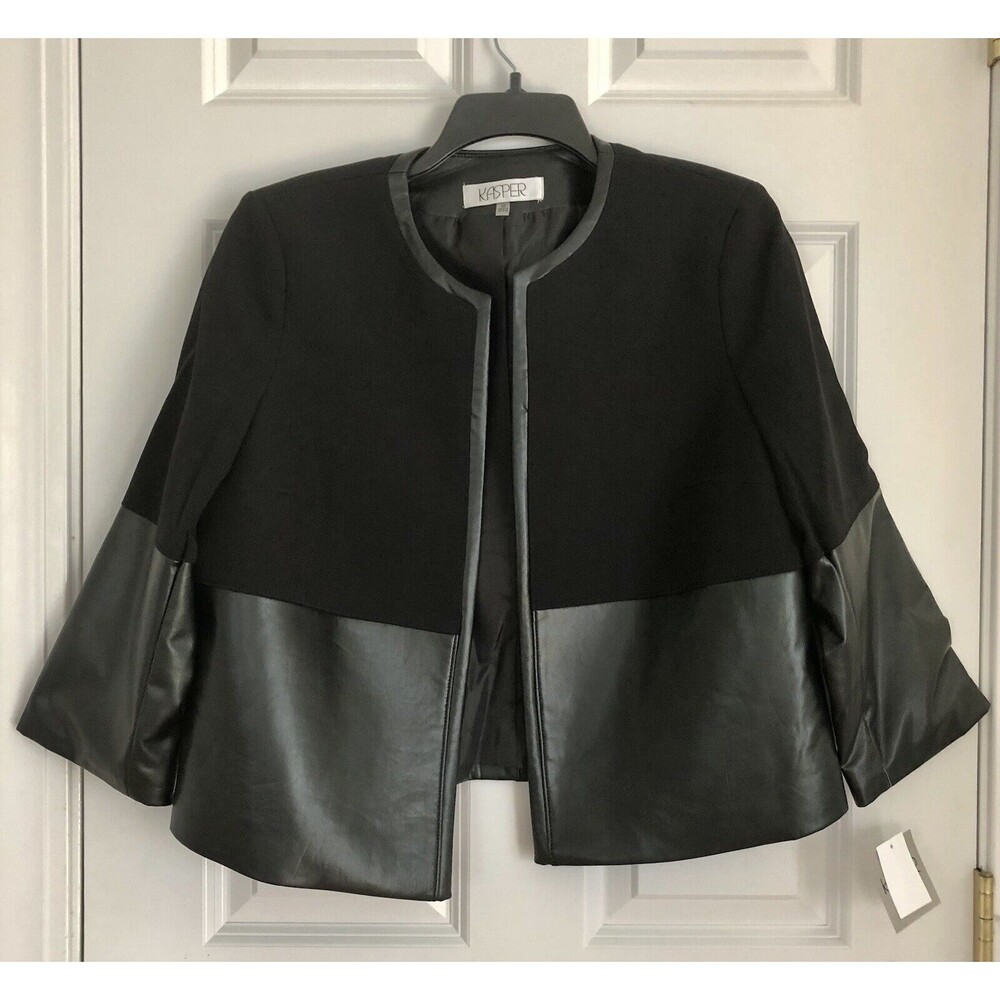 Kasper Women's Size 10 Black Faux Leather Open Front Combo Jacket Fashion